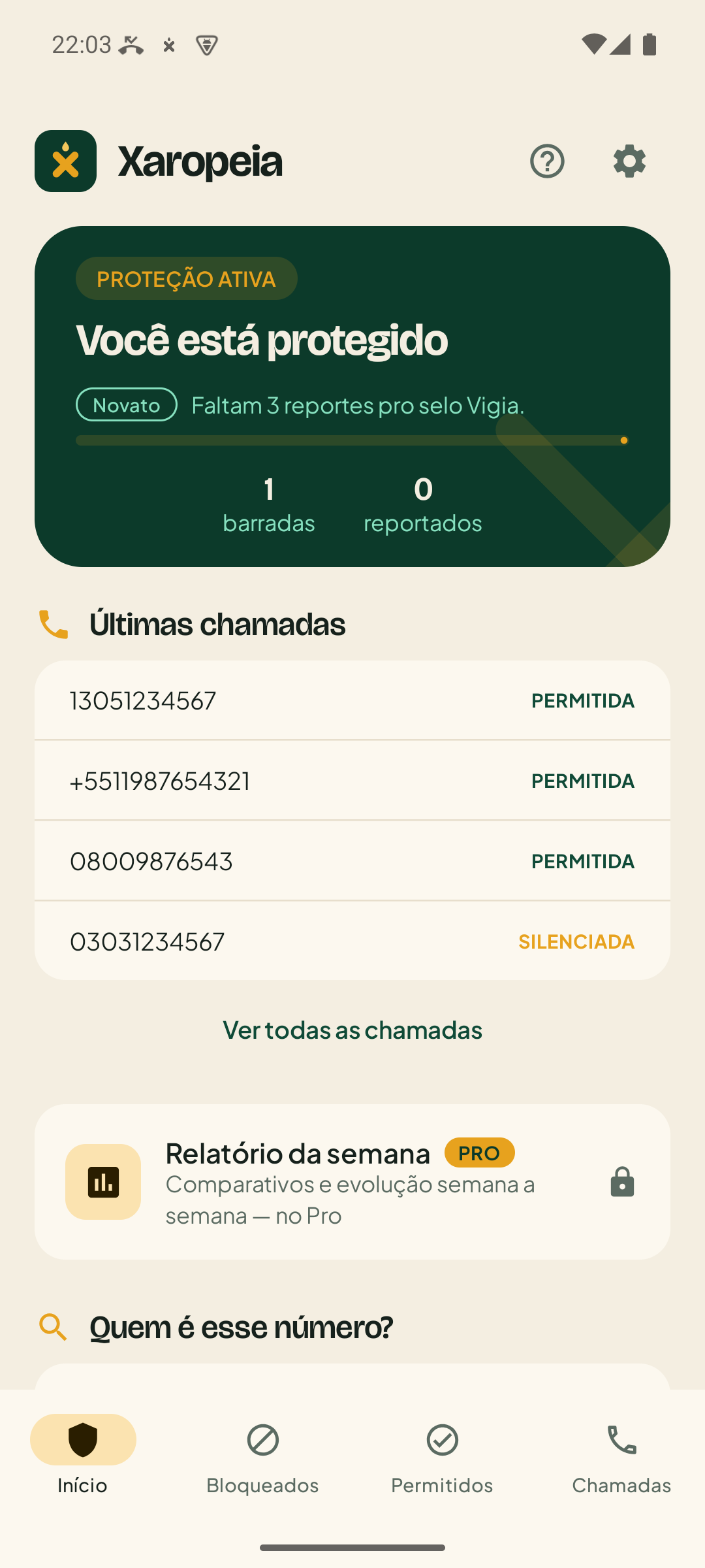 Xaropeia com proteção de chamadas ativa